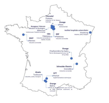 The thirteen experimental authorizations in the 3.8 - 4.0 GHz band as of October 12, 2022 (Source: Arcep)